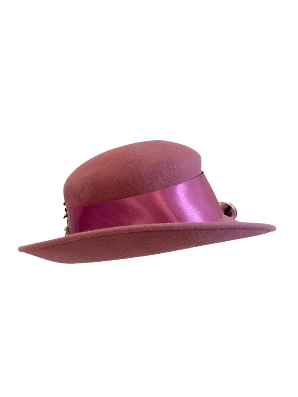 Louise Green Pink Wool Felt Wide Brim Hat Satin Ribbon  Rhinestone Embellishment